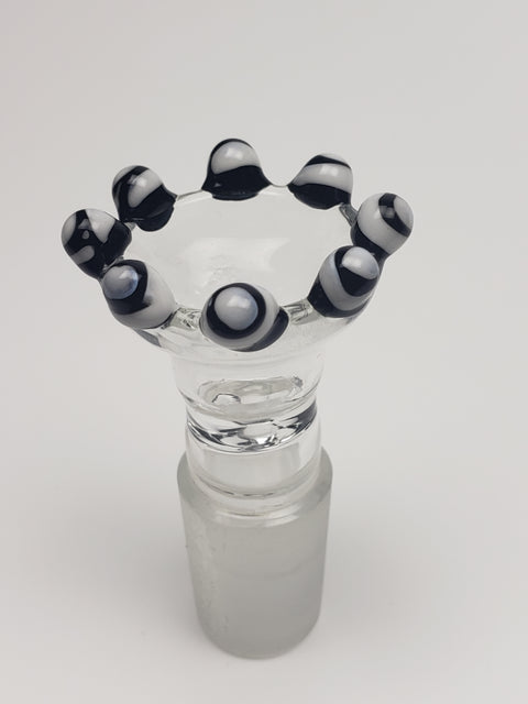 18mm Clear glass male bowl with white and black stripped marbles