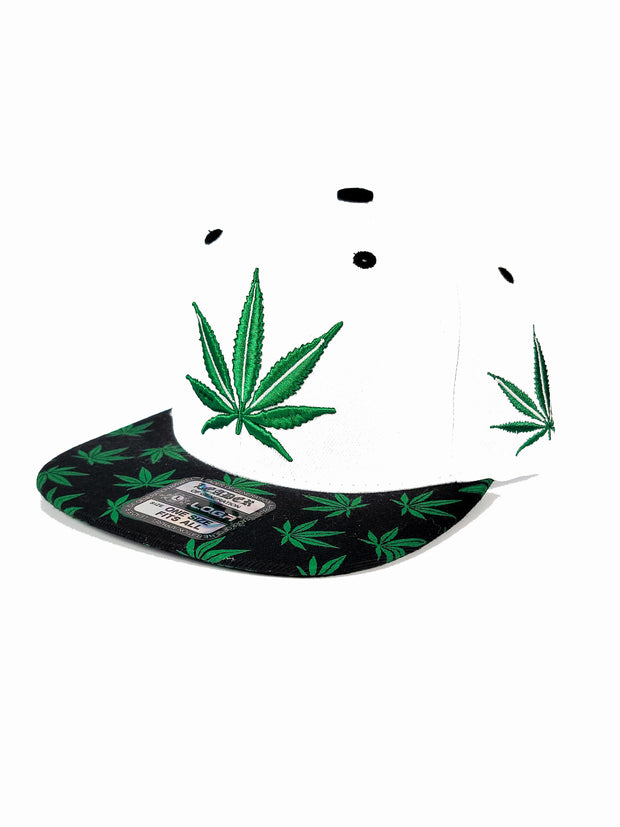 White snapback with green canna leaf