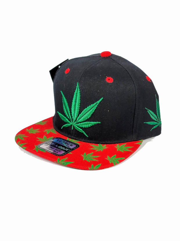 Black snapback with green canna leaf and red bill