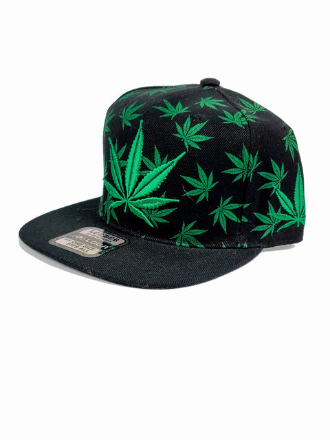 Black snapback with green canna leaves