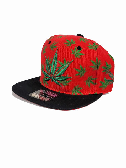 Red snapback with green canna leaves