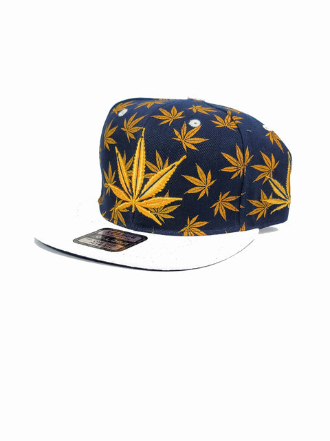 Blue snapback with gold canna leaves